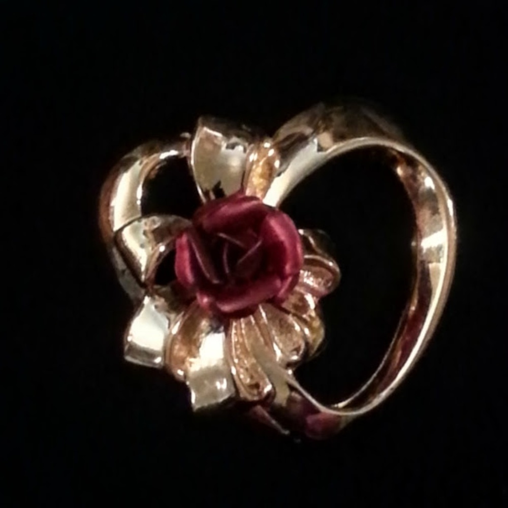 Gold open heart bow red rose brooch by Botique EVC 1.5”